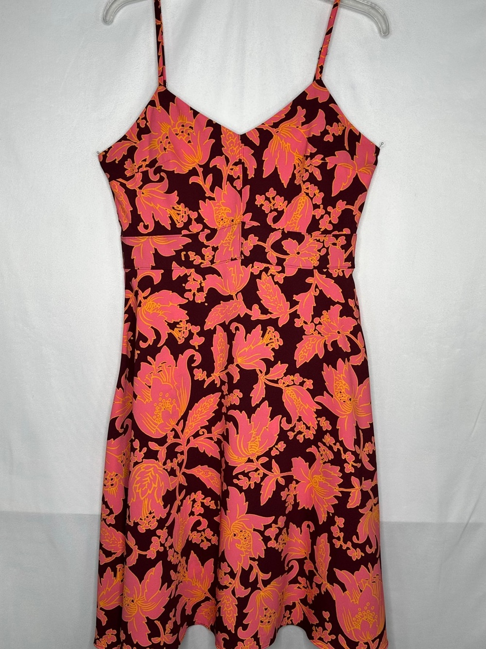 Loft Neon Tropical Floral Fit & Flare Dress Pink Orange Burgundy Sz 6